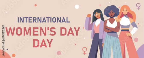  International Women's Day. Women of different skin colors and nationalities stand together. Movements for gender equality and women's empowerment, vector festive illustration with space for text in s
