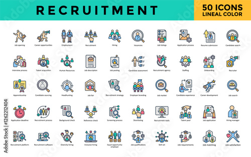 Recruitment icon set with job opening, career opportunities, employment, recruitment, hiring, vacancies, job listings, application process, resume submission icon. Simple lineal color vector 
