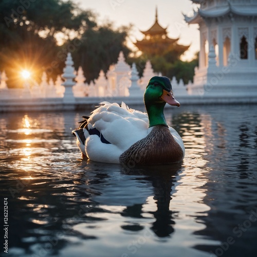 .A glowing enchanted duck with an aura of light against a white temple background.