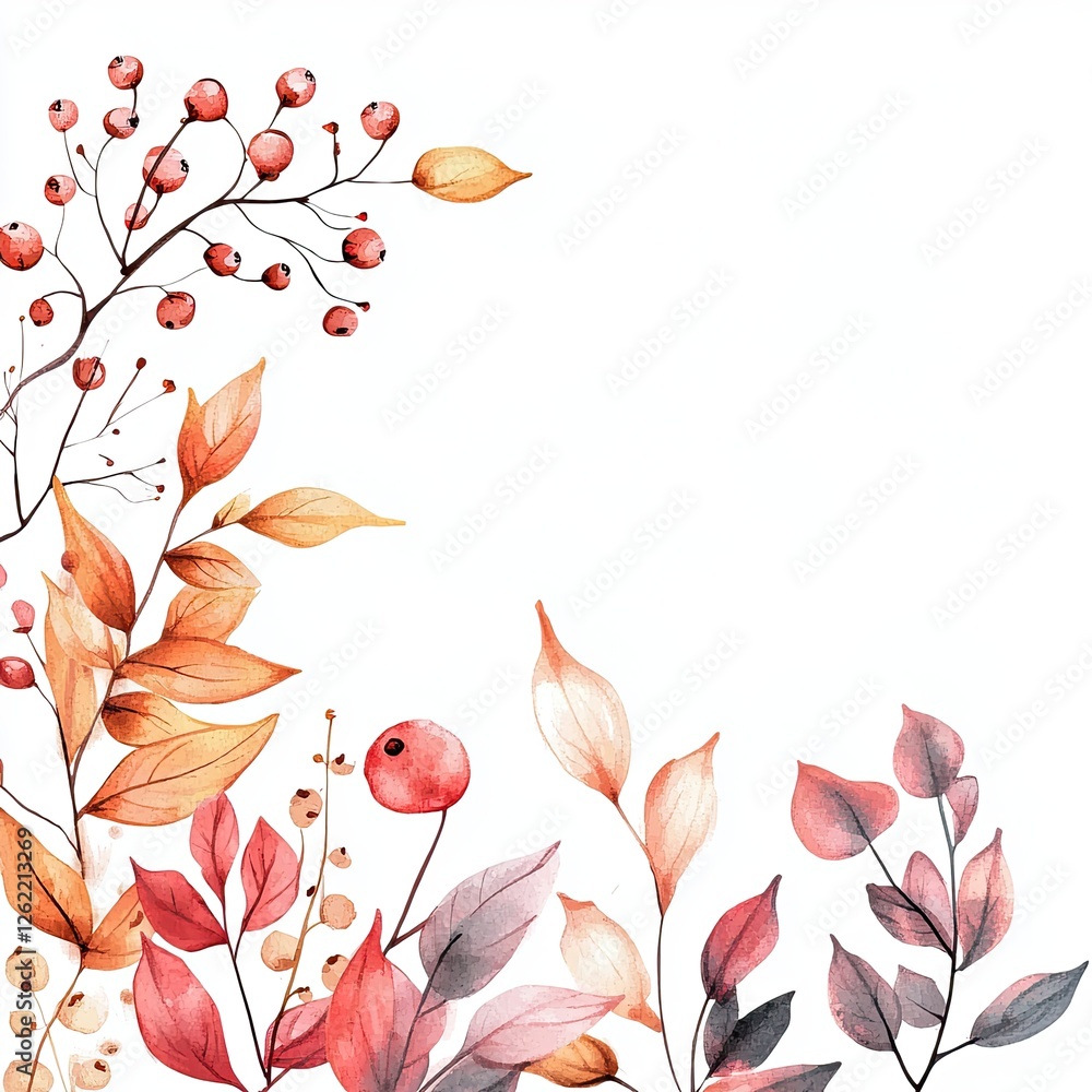 Fototapeta premium Romantic Autumn Leaves and Berries Watercolor Wedding Card Design