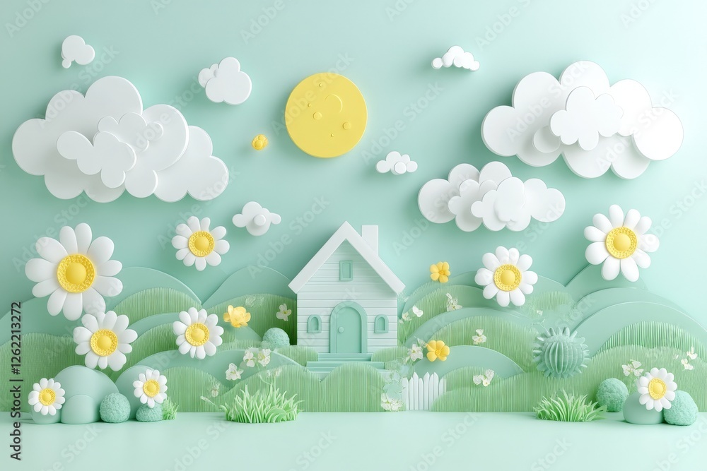 Naklejka premium Whimsical spring meadow scene with colorful daisies, puffy clouds, sun shining over a cozy house amidst green grass under bright sky