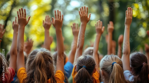 Children raise hands, autumn park, group activity, outdoor learning