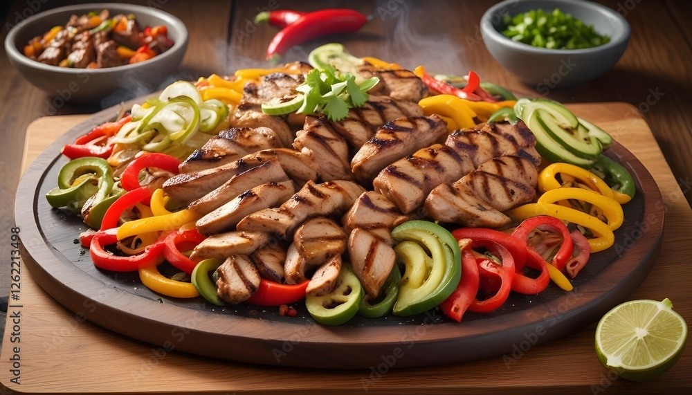 Sizzling fajitas with grilled chicken and sautéed bell peppers and onions Sizzling fajitas with grilled chicken and sautéed bell peppers and onions