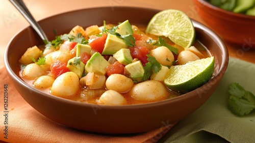 Delicious Peruvian Lima Bean Stew with Avocado Tomato and Lime in a Brown Bowl