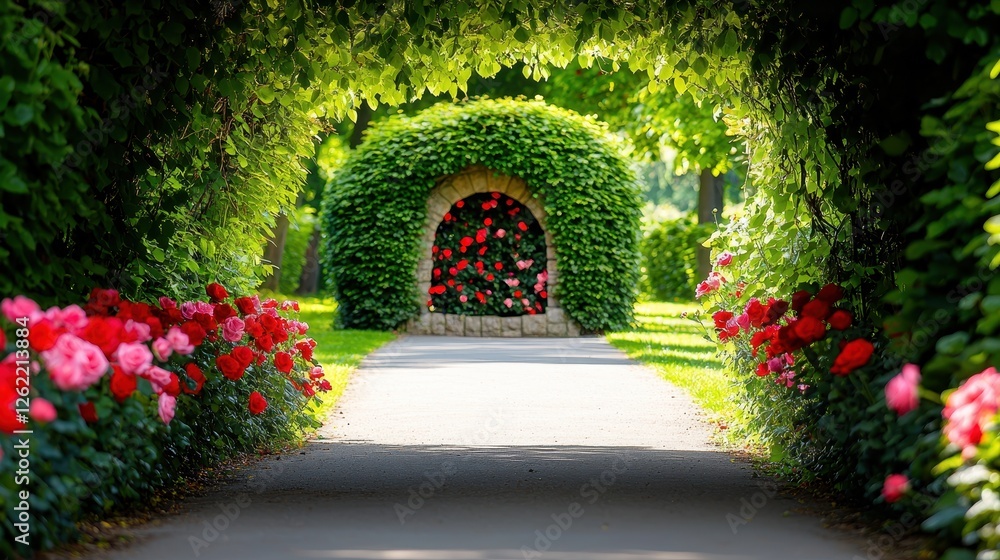 Obraz premium Garden Pathway Leads To Rose Archway