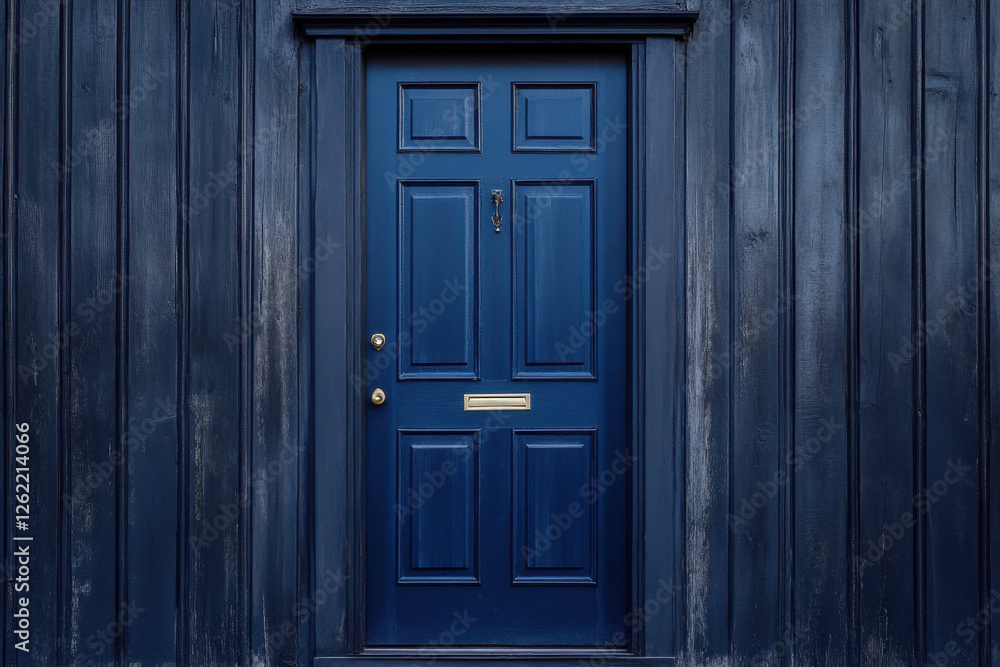 A strikingly elegant blue door set against a matching wooden panel wall, featuring classic detailing and rustic charm. A strikingly elegant blue door set against a matching wooden panel wall, featuring classic detailing and rustic charm.