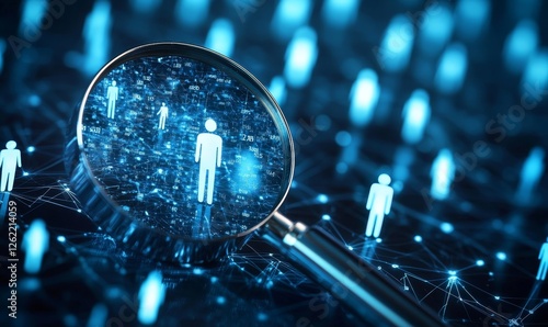 Magnifier glass of Human Resource Management focus on manager icon among staff icons, symbolic representation of human development, recruitment, leadership, and customer target group, Generative AI