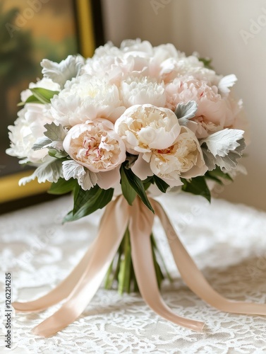 A bouquet of white flowers with a ribbon is displayed on a table