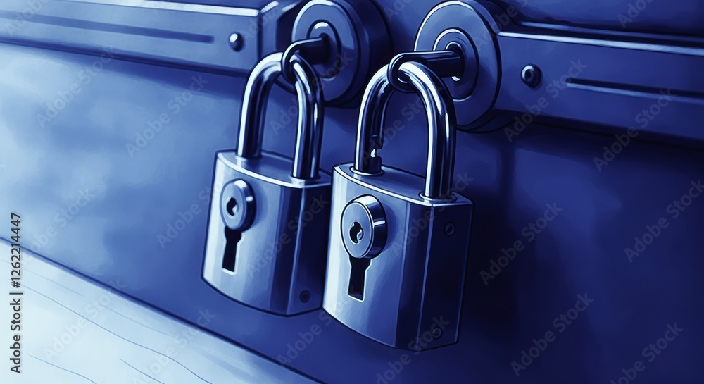 Naklejka premium Two shiny padlocks secured on a metallic surface in blue tones
