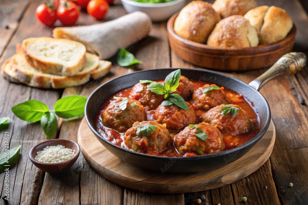 A skillet of savory meatballs simmering in a rich tomato sauce, garnished with fresh basil, accompanied by crusty bread and ripe tomatoes A skillet of savory meatballs simmering in a rich tomato sauce, garnished with fresh basil, accompanied by crusty bread and ripe tomatoes