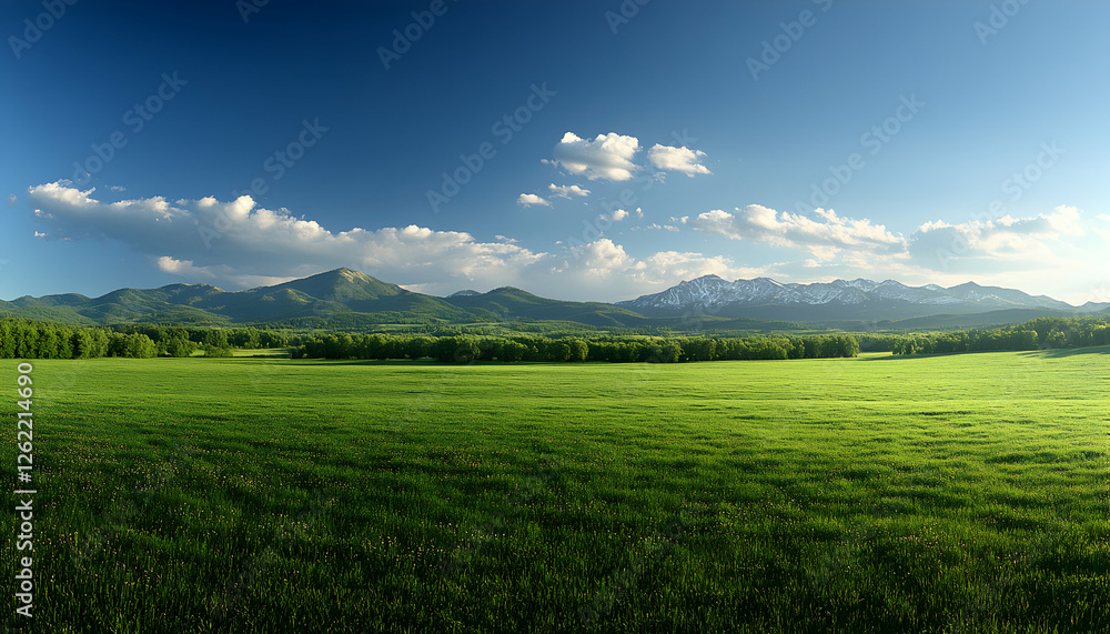 Obraz premium Serene landscape photography showcasing a vast green field, rolling hills, and majestic mountains under a vibrant blue sky. Ideal for travel, nature, and environmental themes.