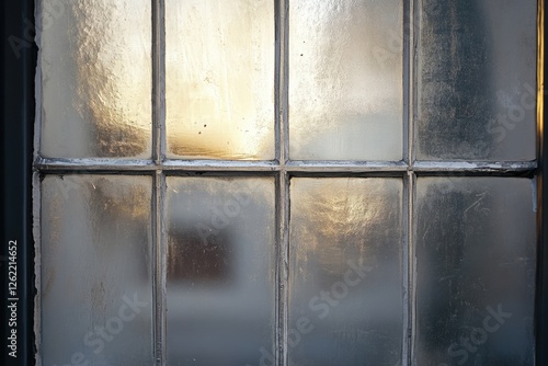 Old window panes reflecting golden sunlight in their textured surface