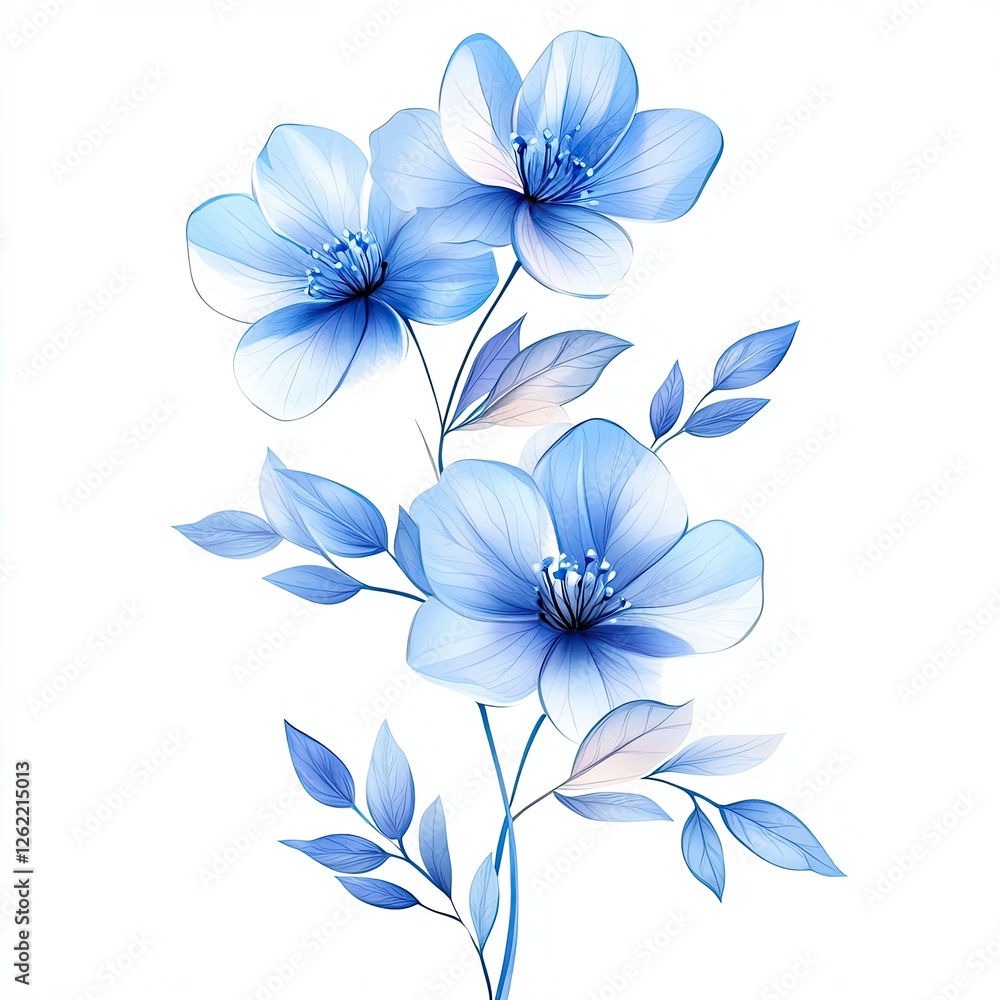 Obraz premium Blue Watercolor Blooming Flowers with Leaves Botanical Illustration for Design Projects