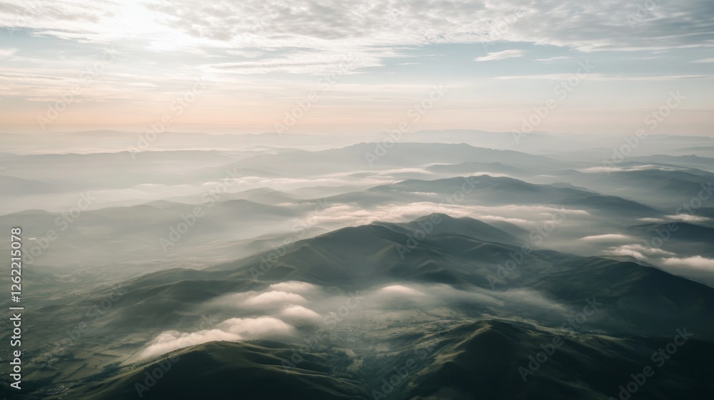 Obraz premium Aerial view Sunrise over misty mountain range