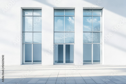 Modern architectural facade with large floor-to-ceiling windows reflecting the clear blue sky and clouds.