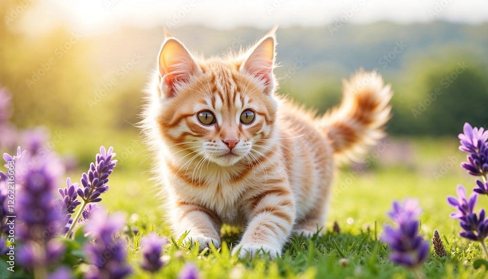 Obraz premium Playful orange tabby kitten exploring a blooming field of lavender in sunlight