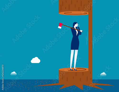 A businesswoman dangerously playing with an axe. Business job cuts vector flat style