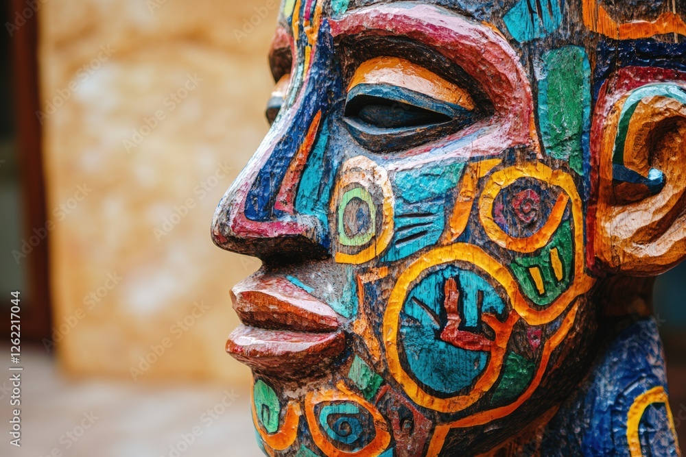 Fototapeta premium Colorful tribal african sculpture with intricate face paint design