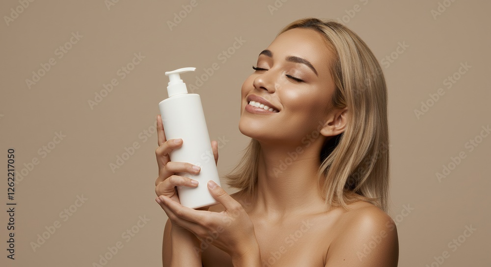 Woman Holding Skincare Product Bottle Smiling with Closed Eyes Contentment Woman Holding Skincare Product Bottle Smiling with Closed Eyes Contentment