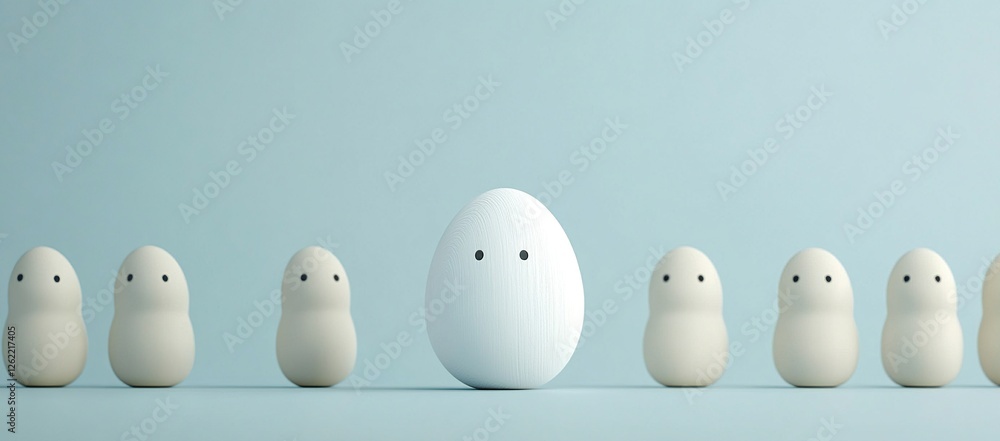 Unique Egg Stands Out: Differentiation, Individuality, and Conformity in a Group of Eggs, Demonstrating the Power of Being Different. Unique Egg Stands Out: Differentiation, Individuality, and Conformity in a Group of Eggs, Demonstrating the Power of Being Different.
