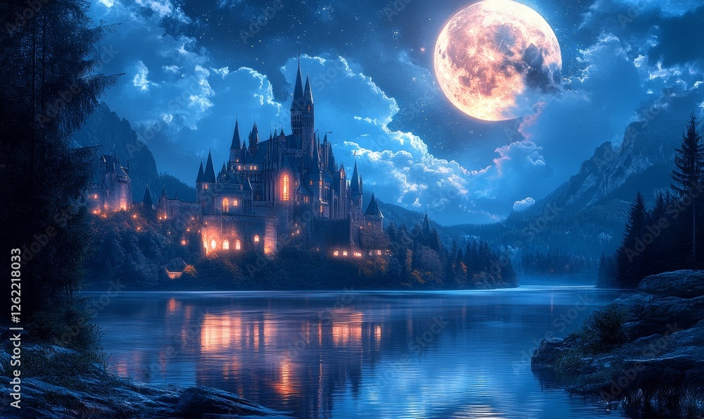 Fototapeta premium Enchanting Nighttime Castle with Reflective River and Glowing Full Moon under a Starry Sky, Generative AI