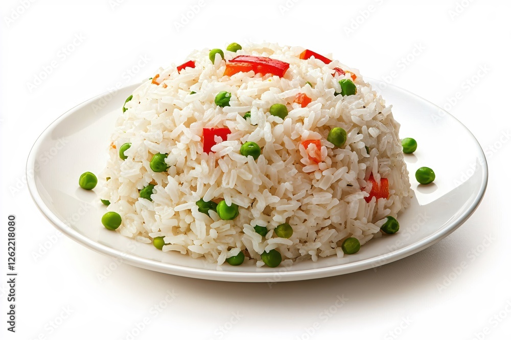 Delicious rice dish with colorful vegetables on a white plate a culinary delight close up Delicious rice dish with colorful vegetables on a white plate a culinary delight close up