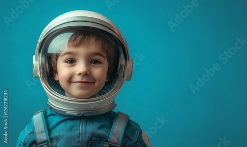 Little boy wearing an astronaut helmet dreams of becoming a rocket pilot spaceman in astronaut costume, Generative AI