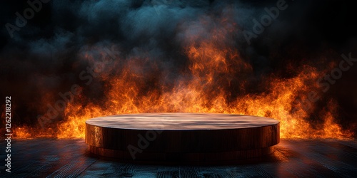 Wallpaper Mural wooden podium with fire smoke background Torontodigital.ca