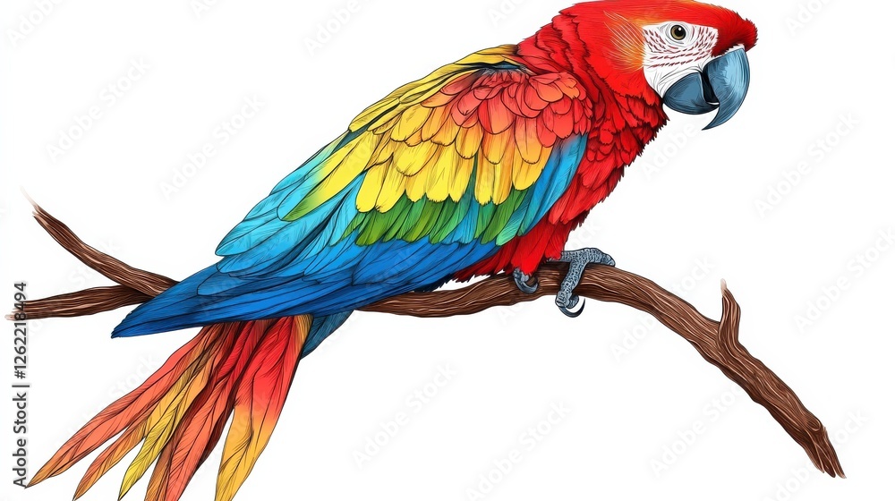 Obraz premium Vibrant Scarlet Macaw Perched on Branch with Colorful Feathers