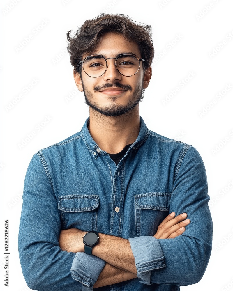 A young man with glasses smiling confidently, arms crossed, in a casual denim shirt. A young man with glasses smiling confidently, arms crossed, in a casual denim shirt.