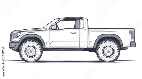 Line Art Illustration of a Pickup Truck with Bold Tires and Design