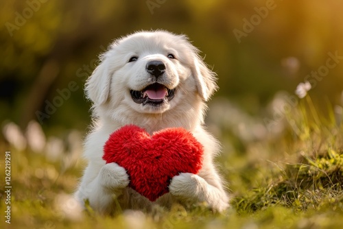 Great pyrenees - my cherished dog, symbol of friendship. Ad critter concept visual design. Cute great pyrenees pooch with fluffy red heart on a walk in a spring green space. Red heart and dog. photo