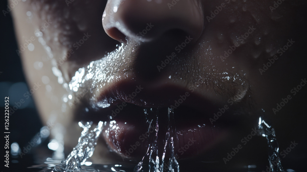Extreme close-up of a delicate nose and shimmering wet lips, water ripples gently refracting light, soft and radiant skin texture Extreme close-up of a delicate nose and shimmering wet lips, water ripples gently refracting light, soft and radiant skin texture