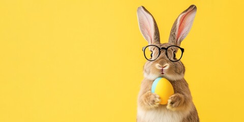 happy easter, funny animal, holiday celebration greeting card - Rabbit easter bunny with glasses and easter egg, isolated on yellow background
