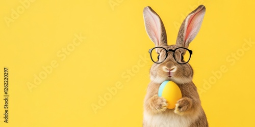 happy easter, funny animal, holiday celebration greeting card - Rabbit easter bunny with glasses and easter egg, isolated on yellow background