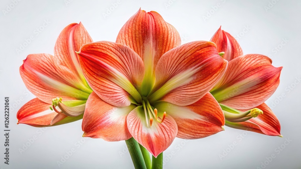 Coral Amaryllis Close-up, Shallow Depth of Field, White Background - Stunning Flower Photography Coral Amaryllis Close-up, Shallow Depth of Field, White Background - Stunning Flower Photography