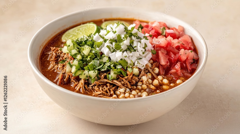 Delicious and Vibrant Mexican Pozole Soup with Fresh Toppings in a White Ceramic Bowl Delicious and Vibrant Mexican Pozole Soup with Fresh Toppings in a White Ceramic Bowl