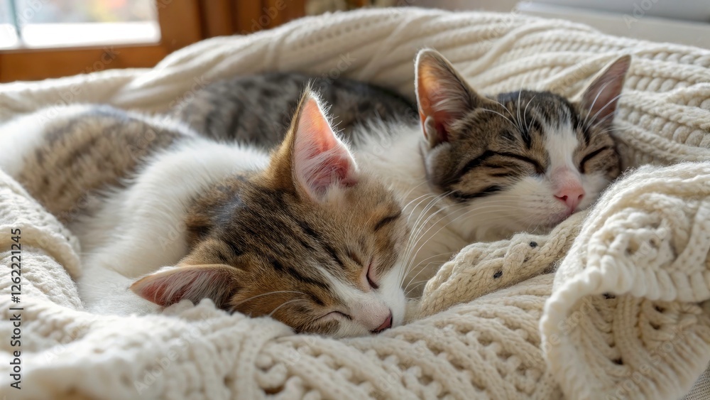 Cozy Cats Napping on Soft Beds: Happy Domestic Cats Resting After a Meal in a Warm Home Environment Cozy Cats Napping on Soft Beds: Happy Domestic Cats Resting After a Meal in a Warm Home Environment