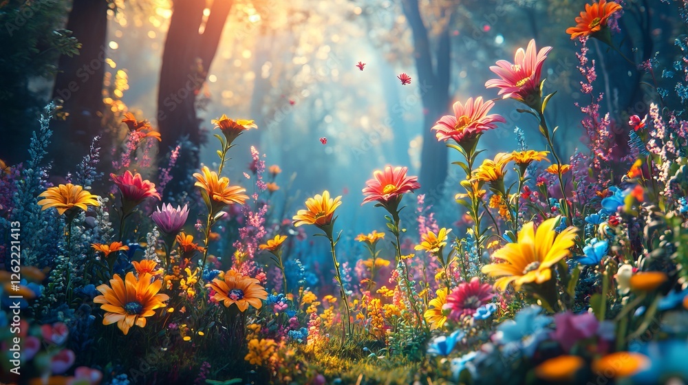Vibrant Field of Colorful Wildflowers in Full Bloom Surrounded by Lush Green Grass with a Graceful Butterfly Gliding Above Creating a Peaceful and Serene Natural Scene in Bright Sunshine Vibrant Field of Colorful Wildflowers in Full Bloom Surrounded by Lush Green Grass with a Graceful Butterfly Gliding Above Creating a Peaceful and Serene Natural Scene in Bright Sunshine
