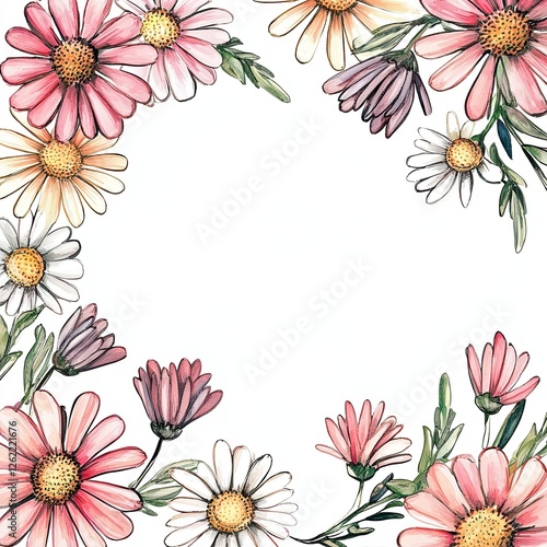 Watercolor Daisy Floral Frame Hand Drawn Art for Vintage Design Projects photo