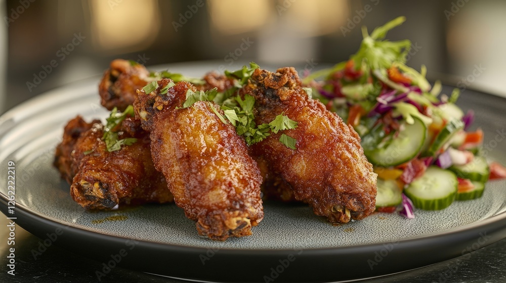 Crispy chicken wings garnished with herbs, served with a fresh salad on the side. Crispy chicken wings garnished with herbs, served with a fresh salad on the side.