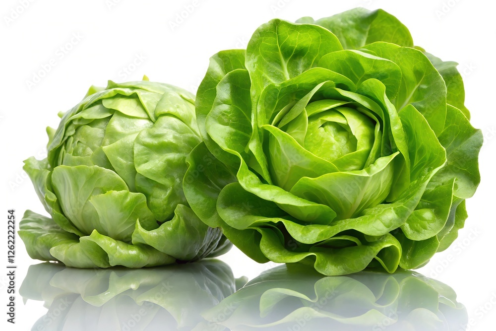 Fototapeta premium Fresh Iceberg Lettuce Whole Head and Separated Leaves on a White Background