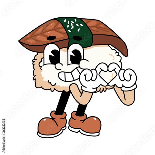 Retro sushi mascot logo, eel sushi, unagi sushi love hand pose