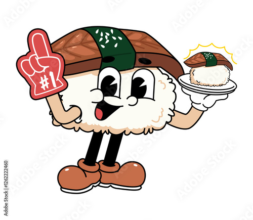 Retro sushi mascot logo, eel sushi, unagi sushi wearing number one glove