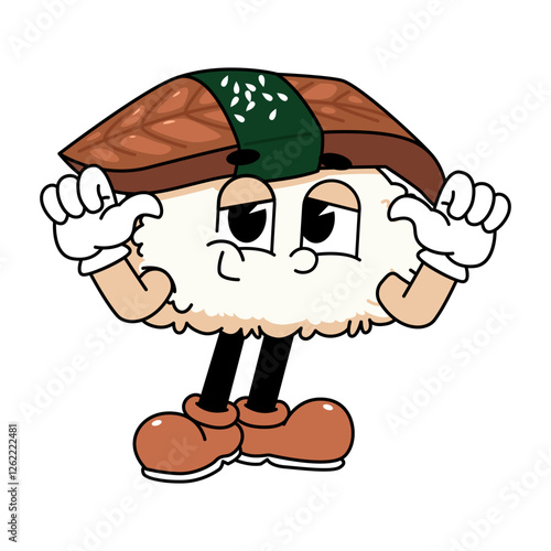 Retro sushi mascot logo, eel sushi, unagi sushi optimistic pose