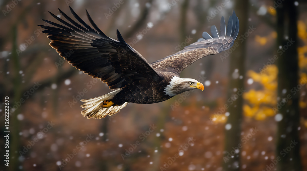 Obraz premium Majestic eagle soaring through snowy forest, showcasing its powerful wings and sharp gaze. scene captures beauty of nature in winter