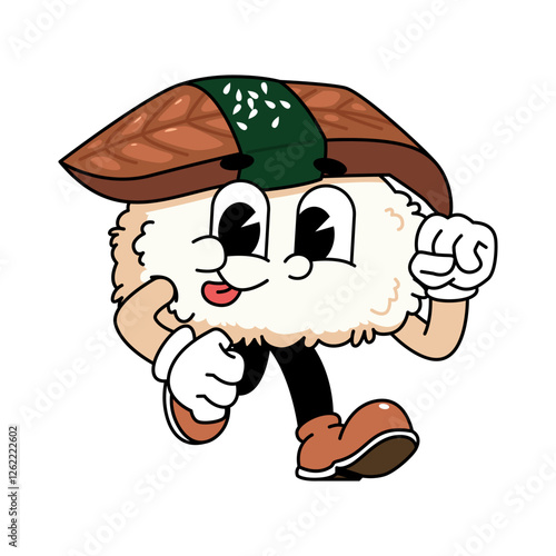 Retro sushi mascot logo, eel sushi, unagi sushi run