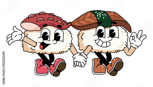 Retro sushi mascot logo, eel sushi, unagi sushi walk together with salmon sushi