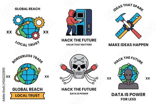set of illustrations in the concept of hackers and thieves in a line style