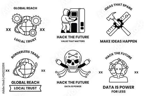 set of illustrations in the concept of hackers and thieves in a line style